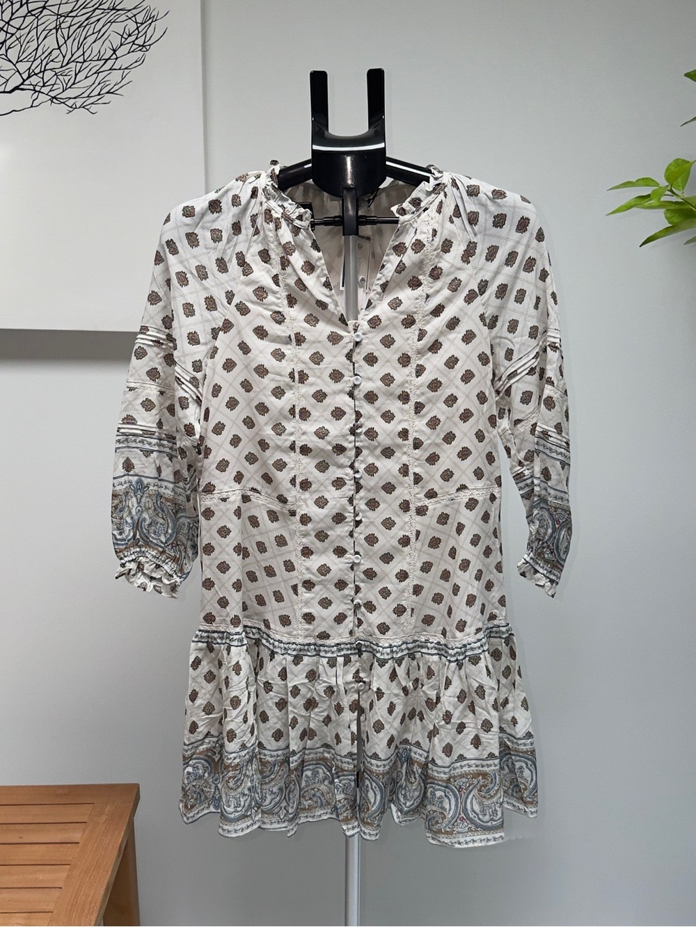 Lucky Brand White Mini Dress with Brown and Blue Print